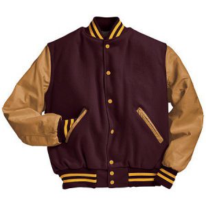 men's varsity jacket in maroon and gold