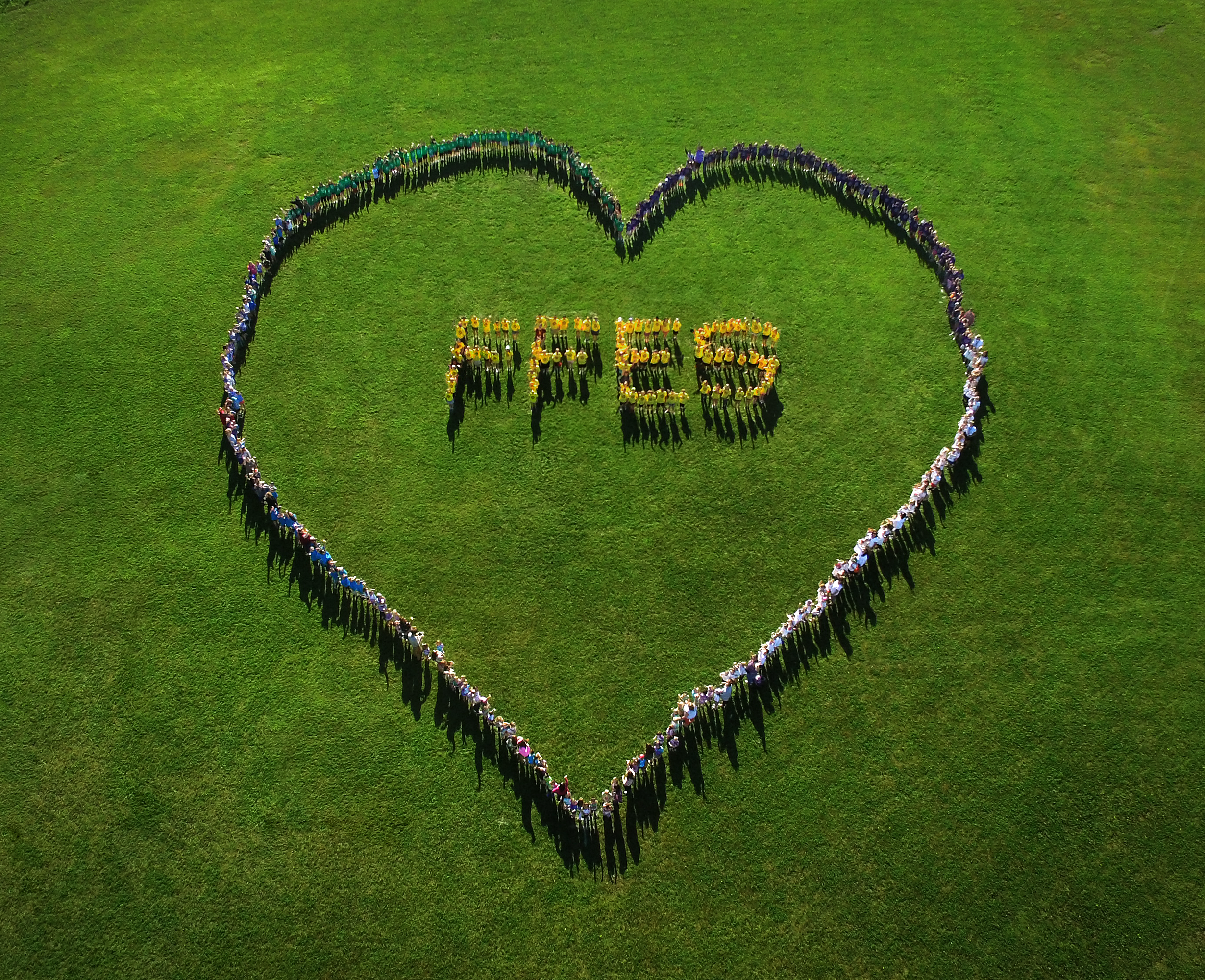 aerial view of hundreds of students making the shape of a heart and the letters FFES