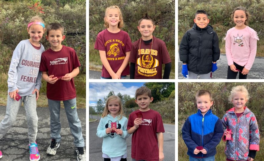 photo grid of five pictures with two students from each grade k-4 holding ribbons outside an elementary school