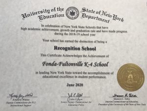 certificate designating fonda-fultonville high school as a nys recognition school