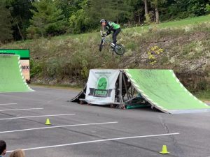 A rider from Dialed Action Sports performing for students at FFES.