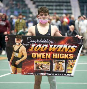 FFCS Owen Hicks secured his 145-pound championship at the Section II 2022 State Qualifying Championships. He also achieved his 100th career victory in Section II.