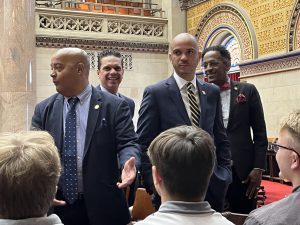 New York State Assemblyman Angelo Santabarbara visits with FFCS students as part of their recent trip to the New York State Capitol building.