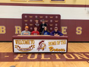 The Class of 2022 National Letter of Intent student-athletes. Front Row (left to right): Derek Duval; Tyler Daus; Marilyn Whitcavitch and Alex Saltsman. Top Row (left to right): Carter Petersen and Colin Kowalski