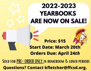The flyer for the 2022-23 FFCS Middle School yearbook sale beginning on Monday, March 20.