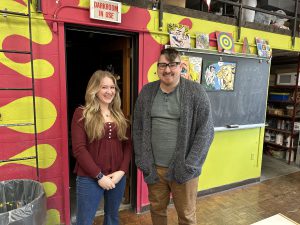 FFCS senior Channing Garcia (pictured with F-F High School art teacher Mr. Therrien) plays a visual role in this year's production of Mary Poppins Jr.