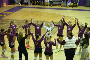 F-F girls' volleyball celebrating their recent win against Stillwater on Wednesday, November 5. Photo courtesy of William Myles.
