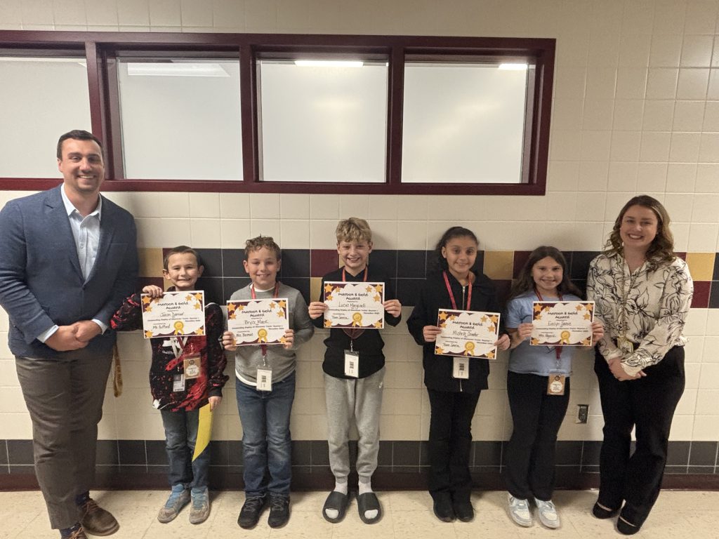 Fifth-grade Character Education recipients: Merica Buseck, Michelle Crowter, Jaxon Darrow, Bryce Macek, Lucas Manginelli, and Evelyn Savoie.