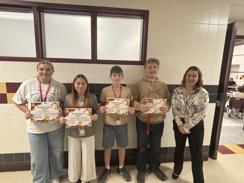 Eighth-grade Character Education recipients: Lilah Fleming, Jacob King, Sigurd Olsen, and Ashley Sanchez Alejandro.