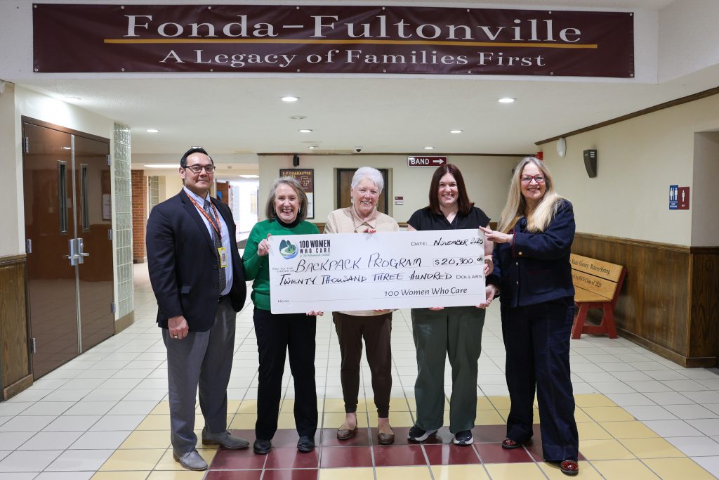 On Tuesday, February 3, members of the 100 Women Who Care orgnization presented a $20,000 check in support of the district's Backpack Program. From left to right: Superintendent of Schools Dr. DeMallie, 100 Women Who Care co-founder Holly Chamberlin, 100 Women Who Care co-founder Pat Beck, FFCSD Social Worker Mrs. Capron, and 100 Women Who Care representative Cheryl McGrattan.