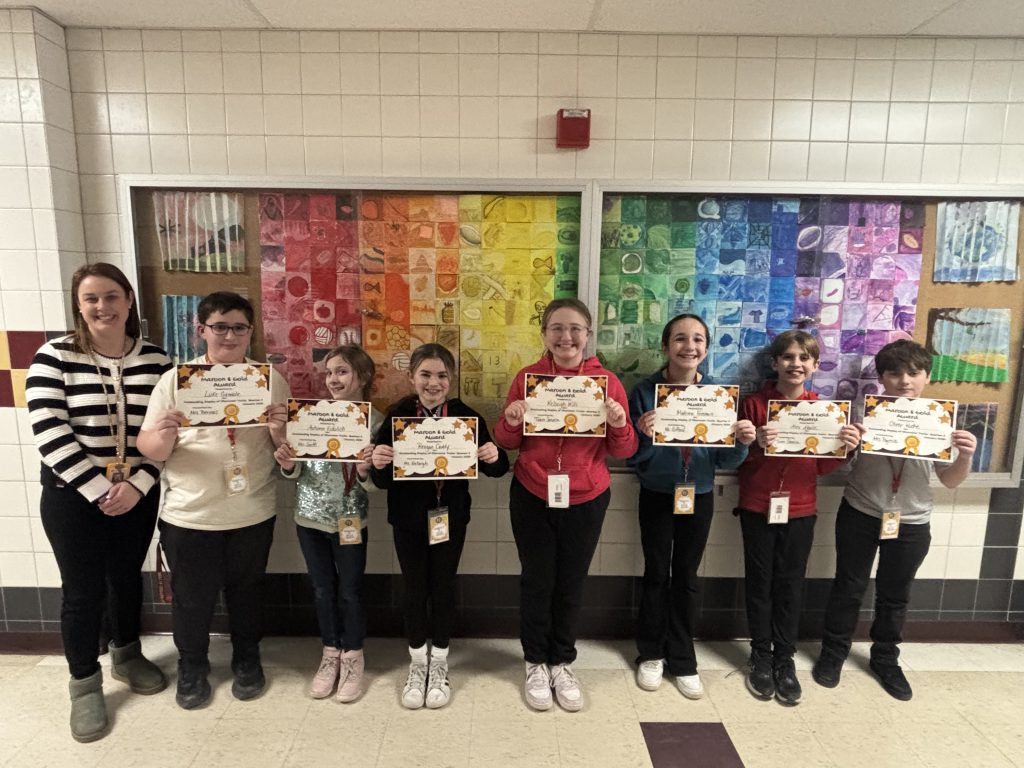 Character Education fifth-grade recipients: Alex Abele, Reagan Cuddy,  Luke Gamble,  Makenna Freeman, Oliver Roche,  Autumn Vidulich, and Kelseigh Willi.