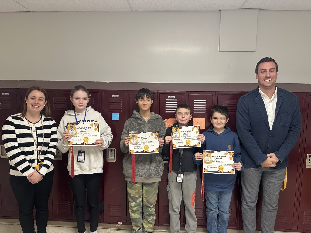 Character Education sixth grade recipients: Christian Daley-Salcedo, Koal Korona, Spencer Walker  Lindsay Wallace,  and Dylan Yorks.