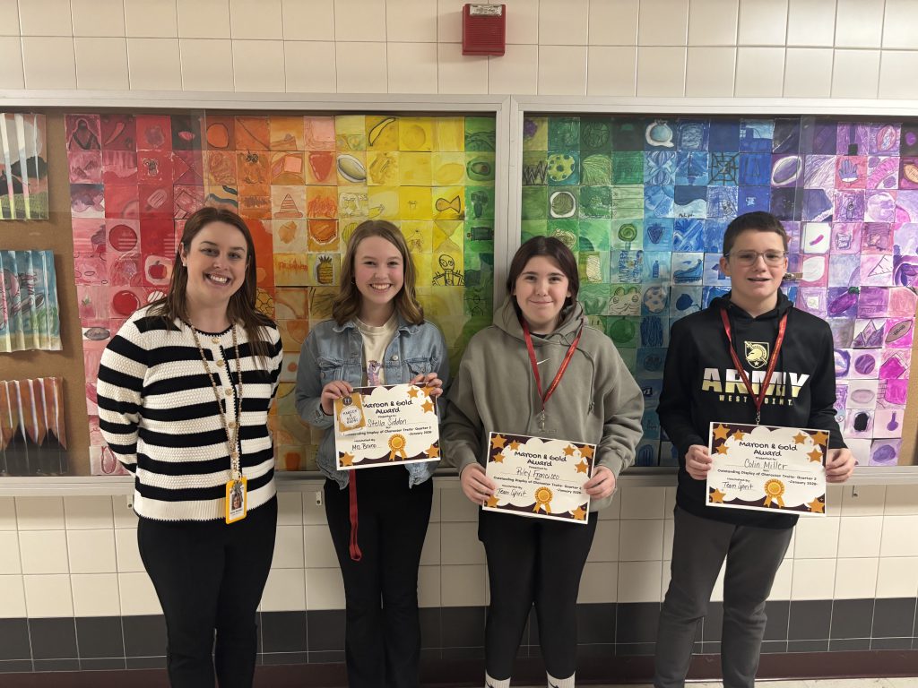 Character Education seventh-grade recipients: Riley Francisco, Colin Miller, and Stella Siddon.