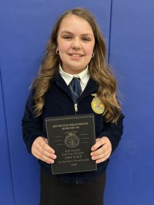 Heading to states! Jr. FFA Chapter member, Anna Potter, earned an outstanding first-place finish at the Central Region Substates Leadership Development Event (LDE) in the Jr. Prepared Public Speaking competition, held on Saturday, March 21st at Cato-Meridian CSD.